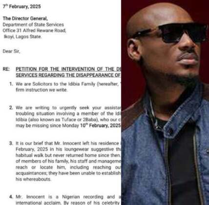 slide of 2baba with idibia family and team petition letter to DSS